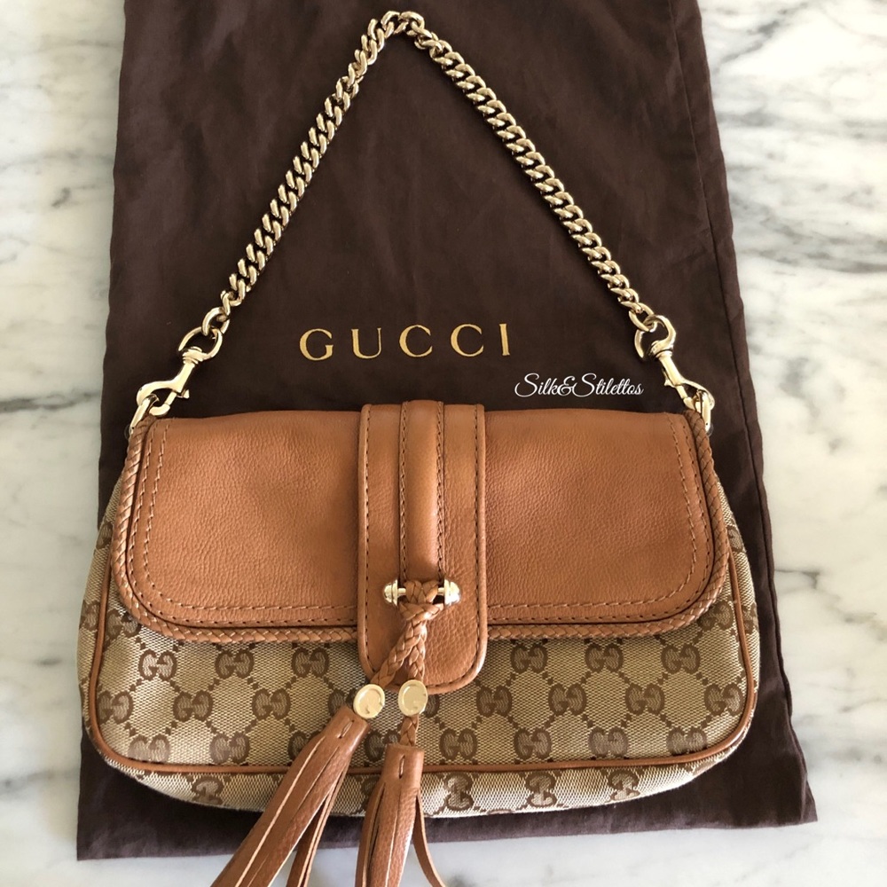 New GUCCI Brown Monogram Leather Shoulder Bag GG New